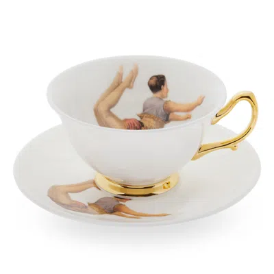 Melody Rose London White / Gold Trapeze Boy Teacup & Saucer