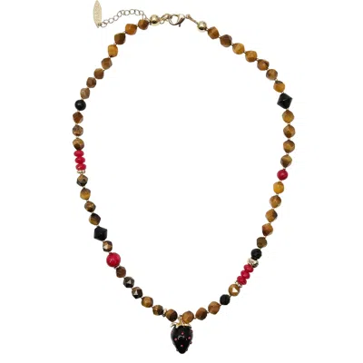 Farra Women's Brown Tiger-eye With Bamboo Coral And Black Strawberry Pendant Necklace