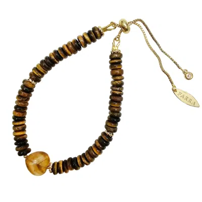 Farra Women's Brown Tiger-eye With Heart Citrine Adjustable Bracelet