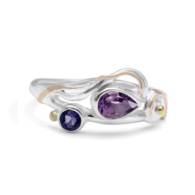 Isla Silver Women's Pink / Purple / Silver Handmade Teardrop Amethyst & Iolite Ring