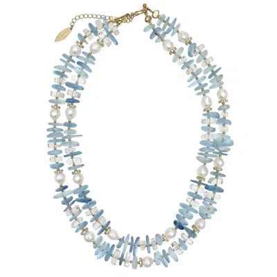 Farra Women's Blue Aquamarine With Freshwater Pearls Double Layers Necklace