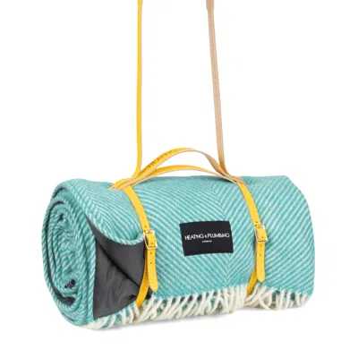 Heating & Plumbing London Green Pure New Wool Waterproof Picnic Blanket - Cornish Cove - Long Yellow Strap
