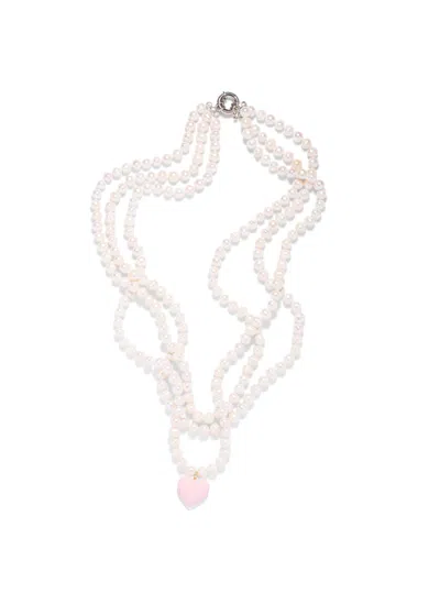 The Pink Reef Women's White  Triple Strand Pearl Necklace With Light Pink Heart