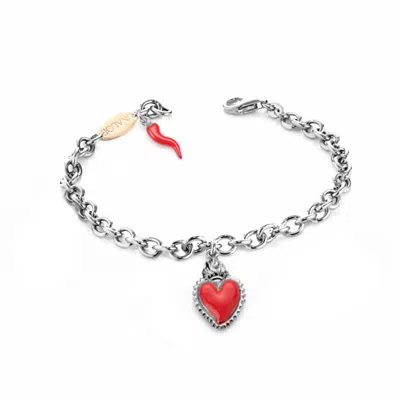 Unaloe Women's Silver / Red Silver Bracelet With Red Heart Pendants And Horn