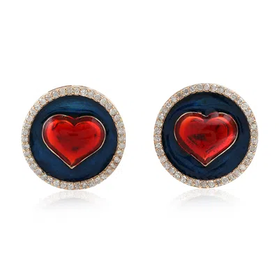Artisan Women's Rose Gold / White Natural Diamond Enamel Heart Stud Earrings In 14k Rose Gold