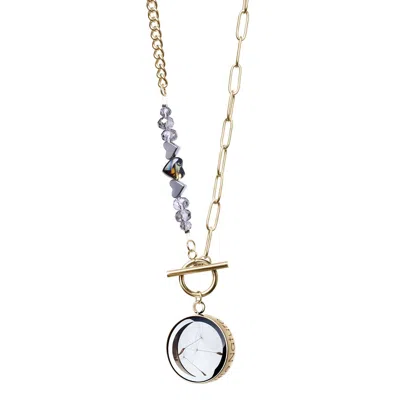 My Little Nature Women's Dandelion Necklace With Snowflake Obsidian Beaded Gold Plated Chain And Toggle Clasp