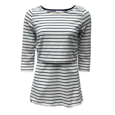 The Bshirt Nursing Three Quarter Sleeve T-shirt In White And Navy Stripes In Gray