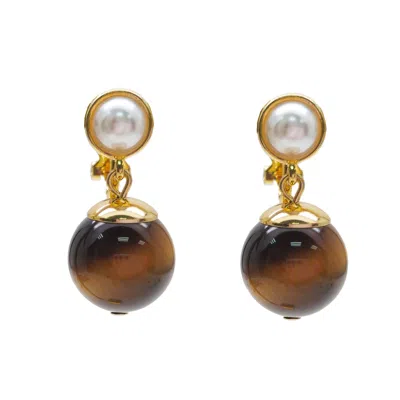 Farra Women's Brown Tiger Eye With Pearl Clip-on Earrings