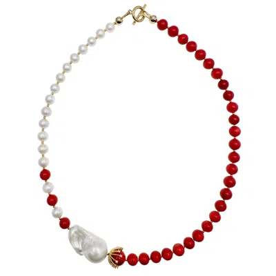 Farra Women's White Freshwater Pearls And Red Coral With Baroque Pearls Elegant Necklace