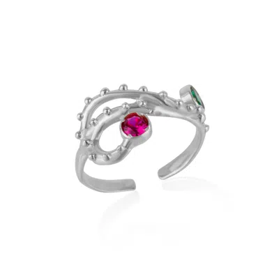 Spero London Women's Emerald & Ruby Color Jewelled Dragon Back Ring - Silver