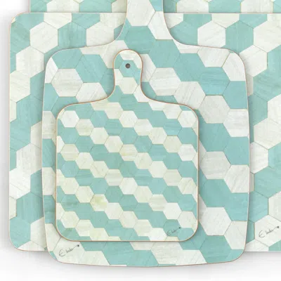 E. Inder Designs Three Chopping Boards Set. One Rectangle Two Paddles. Hexagonal Pattern In Soft Blues. Melamine. Tho
