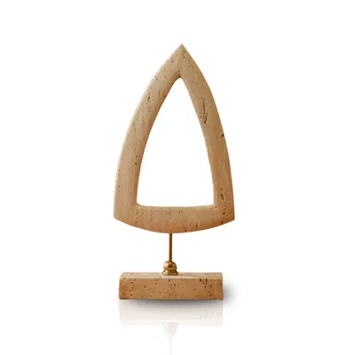 Marleth Brown Triangle Travertine Sculpture, Elongated  Cut-out On Brass Stand -  Beige Stone