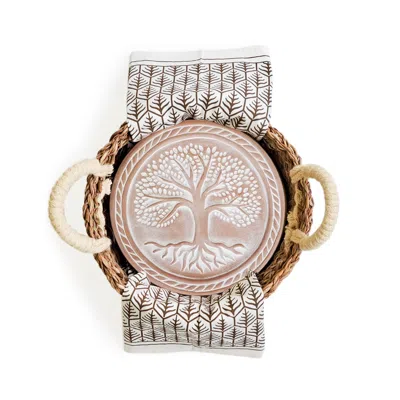 Korissa Brown / Neutrals Bread Warmer & Basket Gift Set With Dark Brown Tea Towel - Tree Of Life Round