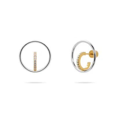 Meulien Women's Gold / Silver Gold And Silver Bi-color Hoop And Huggie Cz Earrings - Silver Hoop, Gold Huggi