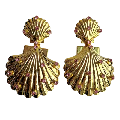 Laura Gray Women's Pink Crystal Gold Shell Earrings