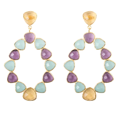 Lavani Jewels Women's Blue / Gold / Pink Purple & Aquamarine Palmira Earrings