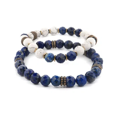 Ebru Jewelry Men's Gold / Blue / White Inner Power Lapis & Howlite Men's Beaded Bracelet Set - Blue