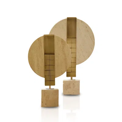 Marleth Neutrals Set Of Two Travertine & Brass Sculptures – Geometric Totem Series