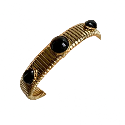 Laura Gray Women's Round & Pear Shaped Black Onyx Gold Omega Bracelet