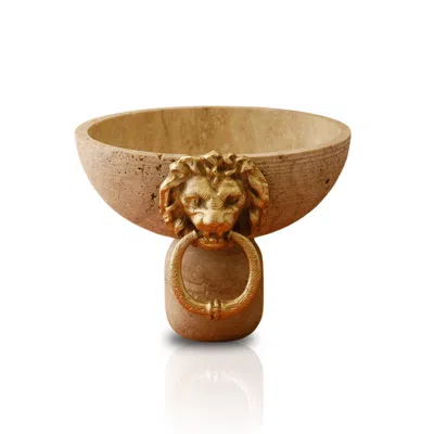 Marleth Neutrals / Gold Lion Travertine Decorative Bowl For Tabletop Display, Beige & Brass Ring Detail