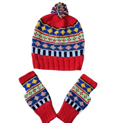 Springmoonatelier Women's Handcrafted Wool Hat And  Fingerless Gloves Set  Red With Mixed Colors