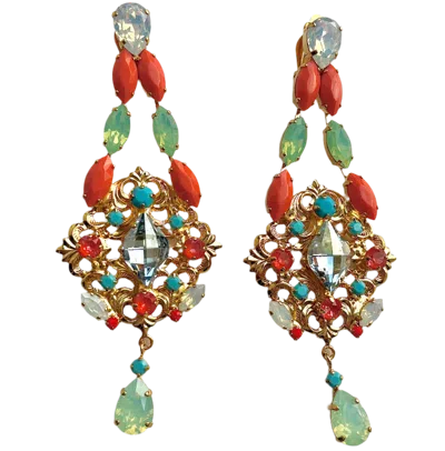 Laura Gray Women's Yellow / Orange Coral Turquoise Chandelier Earrings