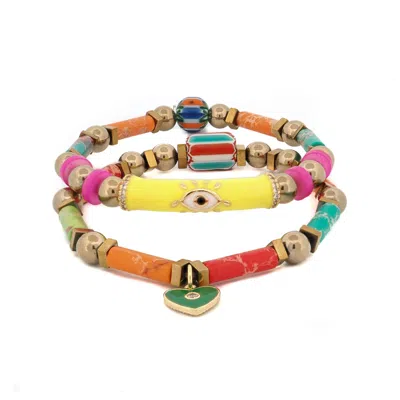 Ebru Jewelry Women's Yellow / Orange / Gold Colorful Jasper Guardian Evil Eye & Heart Charm Bracelet Set - Multic