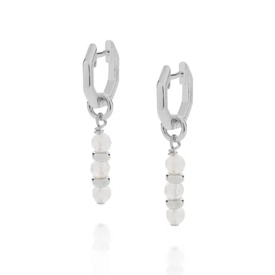 Nellou Jewellery Women's Neutrals / Silver Linear Huggie Birthstone Earrings June Sterling Silver - Rainbow Moonstone