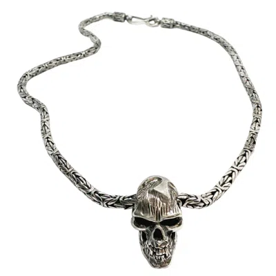 Tg-jewellery By Tamara Gervasio Men's Silver / Black Skull Japonese Sign Power Flat Byzantine Chain In Sterling Silver