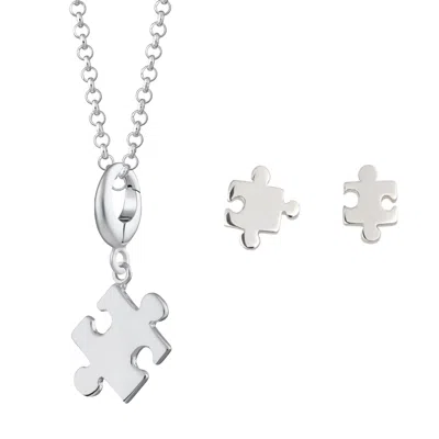 Lily Charmed Women's Sterling Silver Jigsaw Necklace & Studs Jewellery Set
