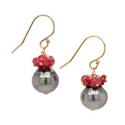 Lori Kaplan Design Women's Black / Red / Gold Black Tahitian Pearl With Ruby Cluster Gold Earrings