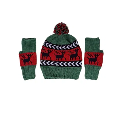 Springmoonatelier Women's Handmade New Year Wool Hat And Glove Set - Red & Green