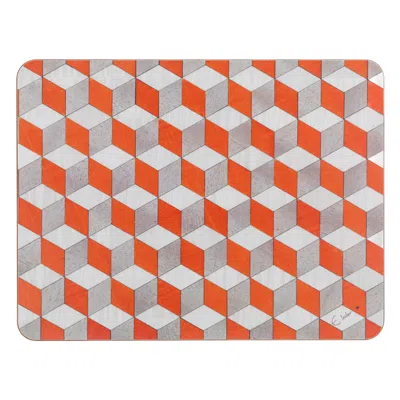E. Inder Designs Yellow / Orange / Grey Four Large Place Mats In Orange White And Light Grey Geometric Design. Heat P