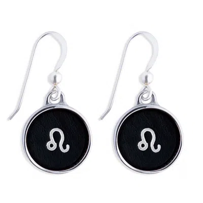 N'damus London Women's Silver / Black Zodiac Leo Black Leather Earrings