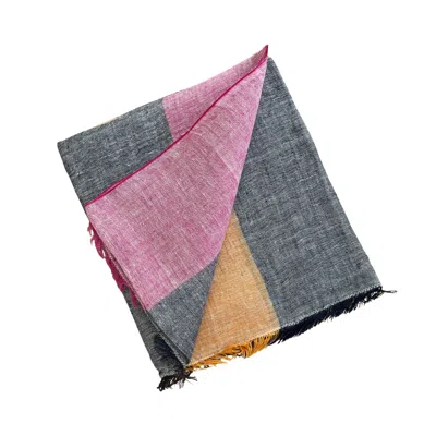 Heritagemoda Women's Blue / Yellow / Orange Handmade Dusty Blue Linen Scarf With Pink & Orange Border