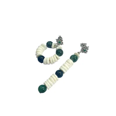 Way To Chic Women's White / Silver / Green Asymmetrical Earrings With White Shell & Moss Agate Stones