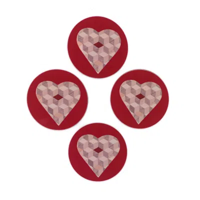 E. Inder Designs Red / Pink / Purple Round Coaster Set Of Four In High Gloss Melamine. Stylish Red Pink Grey Heart De
