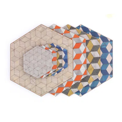 E. Inder Designs Blue / Yellow / Orange Small Place Mats Set Of Four With Matching Coasters In Mixed Colours. Hexagon
