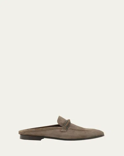 Brunello Cucinelli Suede Monili Strap Loafer Mules In Neutral