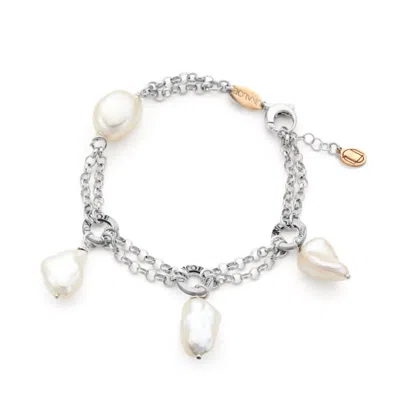 Unaloe Women's Baroque Elegance – Sterling Silver Double Chain Bracelet With Natural Pearls