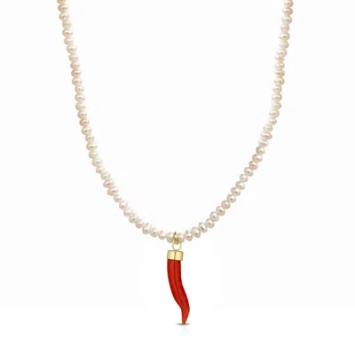 Unaloe Women's Baroque Pearl Necklace With Gold-plated Silver Coral Cornicello