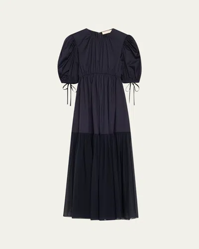 Ulla Johnson Collage Gathered Cotton-poplin And Silk-georgette Midi Dress In Blue