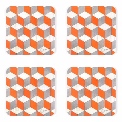 E. Inder Designs Yellow / Orange / White Four Coasters In Vibrant Tangerine White & Light Grey. In A Bold Geometric P