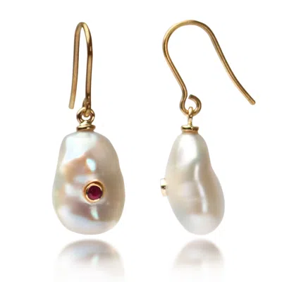 The Jewellery Store London Women's White / Gold / Red Keshi Pearl Earrings With Ruby In Solid Gold