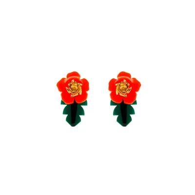 Gissa Bicalho Women's Handmade Acrylic Earring Rose And Leaf S - Black And Red