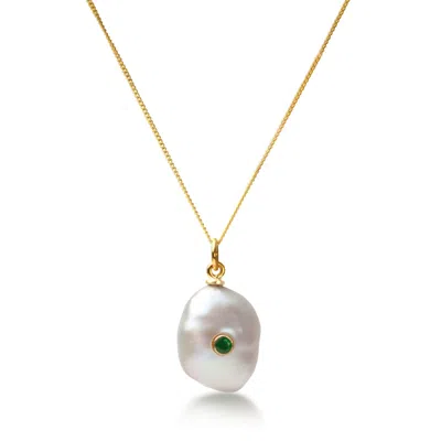 The Jewellery Store London Women's Green / Gold / White Keshi Pearl Necklace With Emerald In Solid Gold