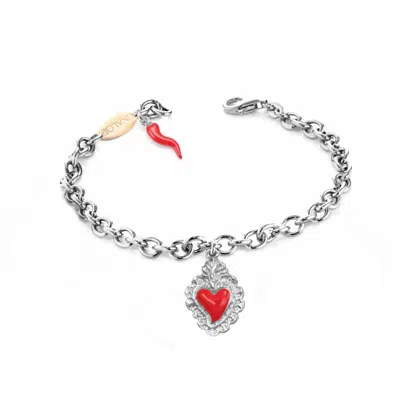 Unaloe Women's Silver / Red Silver Bracelet With Red Sacred Heart Pendants And Lucky Horn