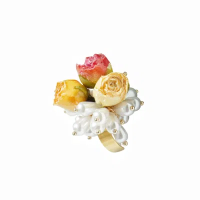 I'mmany London Women's Pink / Purple Real Flower Queen Anne Triple Rosebuds And Pearls Open Ring