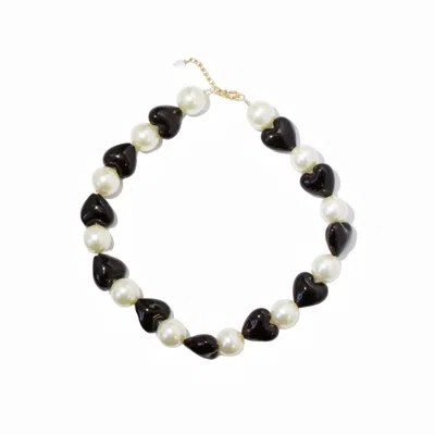 I'mmany London Women's Black / White Whisper Of Heart Glass Heart And Jumbo Pearl Necklace, Opaque Black