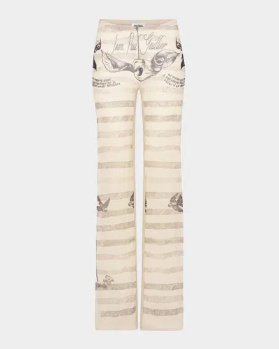Jean Paul Gaultier Tattoo Mariniere Print Mesh Straight-leg Trousers In Neutral